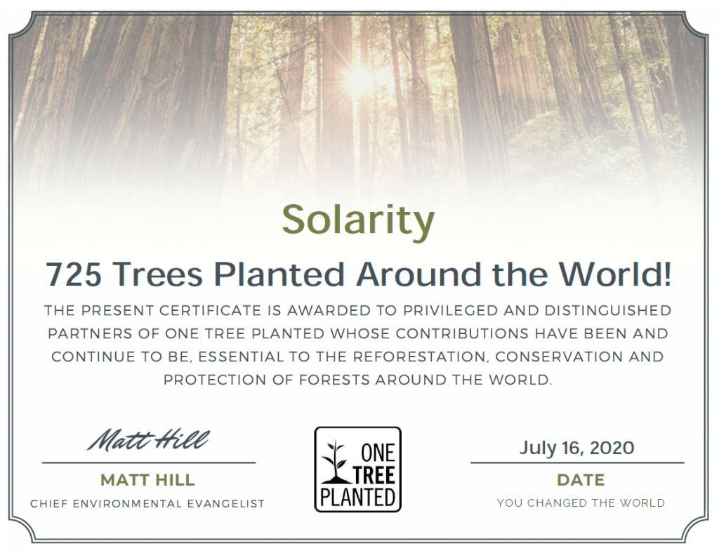 One Tree Planted certificate